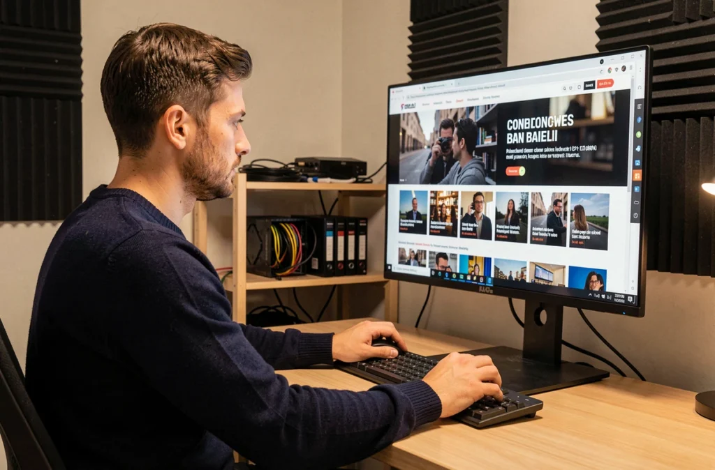 Développeur web de l'agence Czmultimedia travaillant sur une interface multimédia dans un studio professionnel