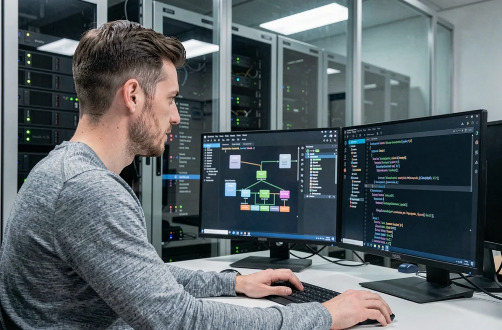 Ingénieur data de DATASOLUTION travaillant sur des tableaux de bord complexes avec des racks serveurs visibles en arrière-plan