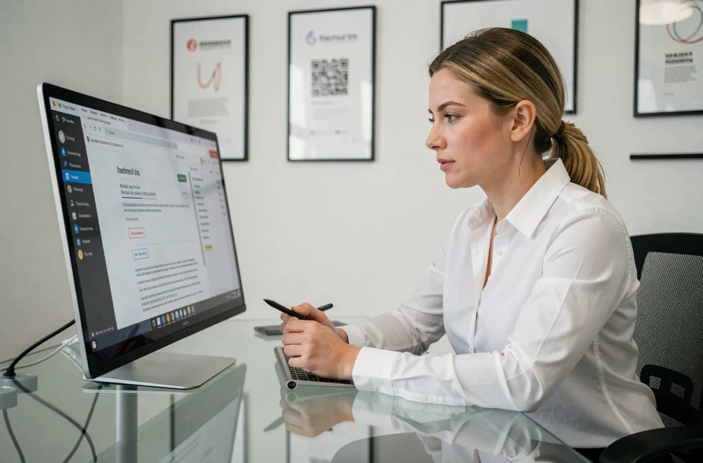 Cheffe de projet de l'agence Dedi Agency examinant une proposition digitale sur un écran tactile dans un bureau minimaliste