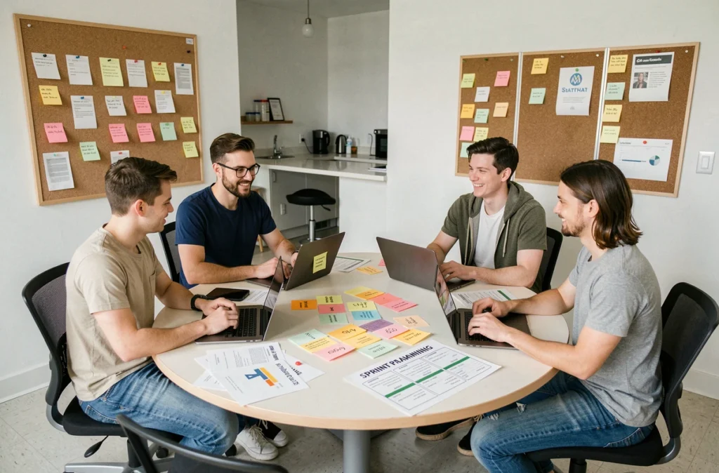 Équipe de développeurs de Galadrim réunis autour d'un tableau kanban lors d'une session de planification agile