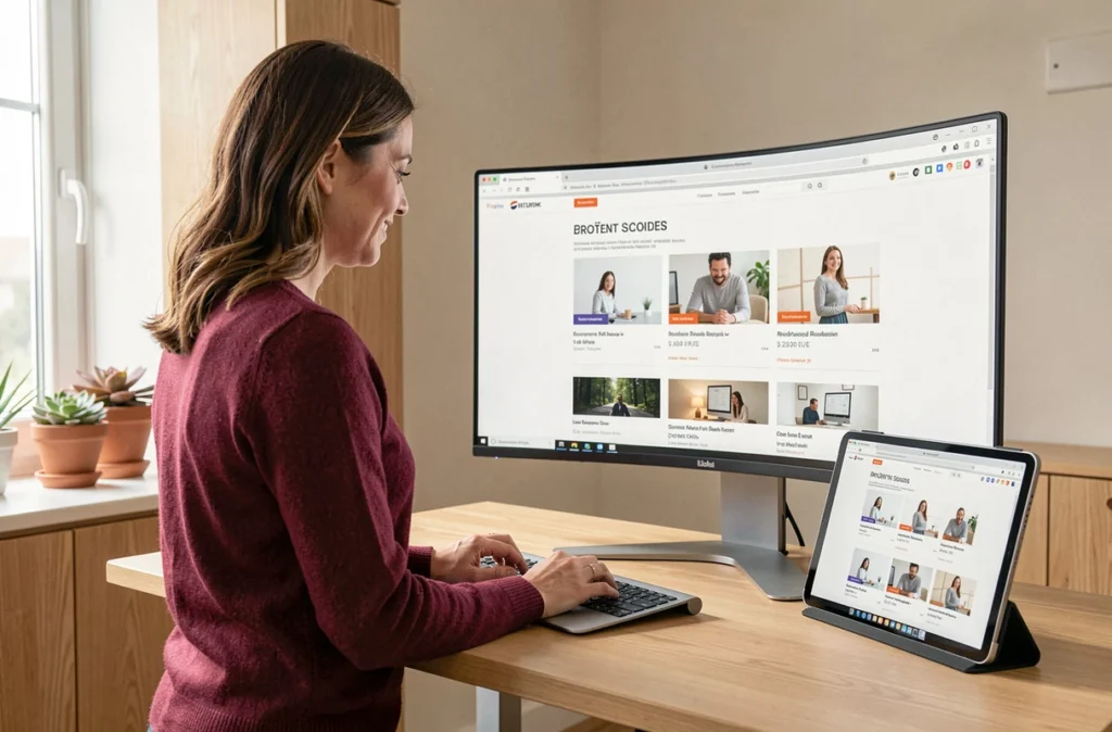 Cheffe de projet de Mirax supervisant la version desktop et mobile d'un site e-commerce dans un bureau moderne