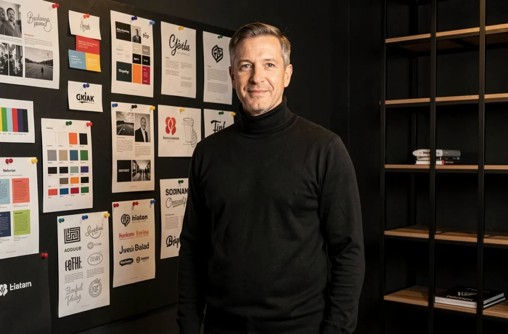 Directeur créatif de l'agence Mouton Noir devant un mur d'inspiration avec des échantillons de brand identity