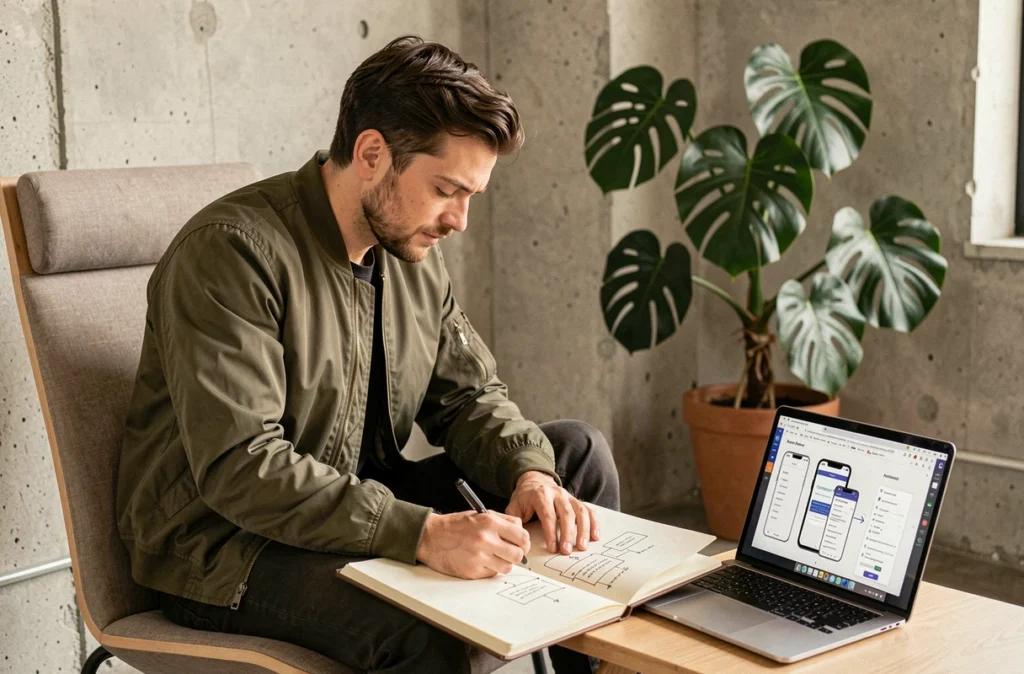 Designer UX de Smartfire esquissant des wireframes dans un carnet dans un espace de travail informel de l'agence