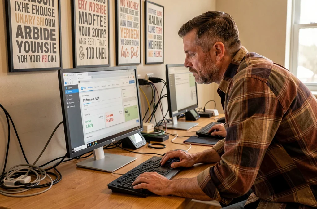 Développeur SEO de WebPlusUn analysant les métriques Core Web Vitals et les performances d'un site dans son agence web