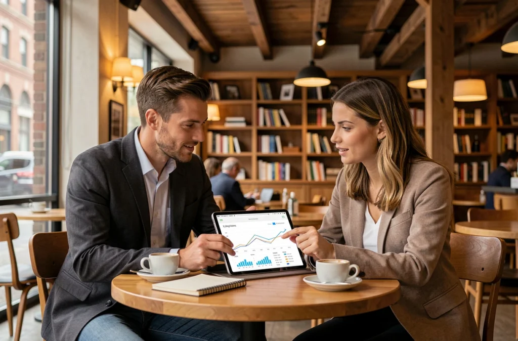 Deux professionnels discutant de stratégies de revenus durables autour d'une tablette avec des métriques de performance dans un café urbain
