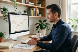Entrepreneur analysant des graphiques de croissance financière à long terme sur un écran d'ordinateur dans un bureau moderne