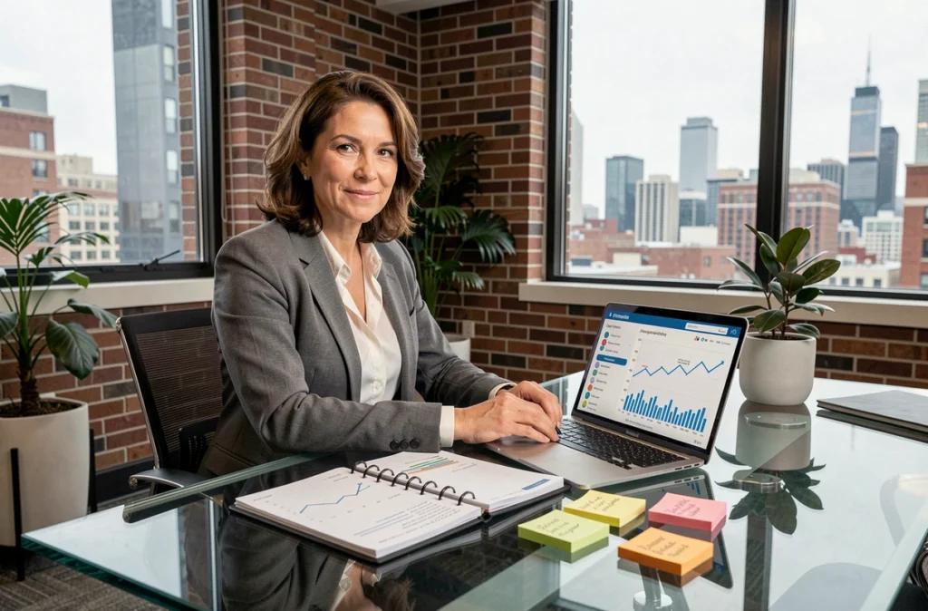 Femme d'affaires planifiant une stratégie financière à long terme dans un espace de co-working avec tableaux de bord d'investissement