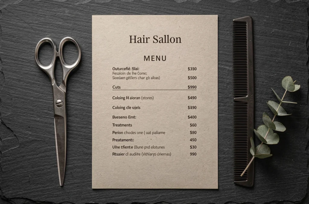 Flat lay d'une carte tarifaire de salon de coiffure sur ardoise avec ciseaux et accessoires coiffure