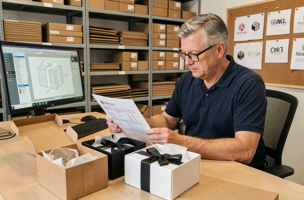 Fournisseur de packaging examinant un cahier des charges détaillé pour des boîtes cadeaux personnalisées avec plusieurs prototypes sur le bureau