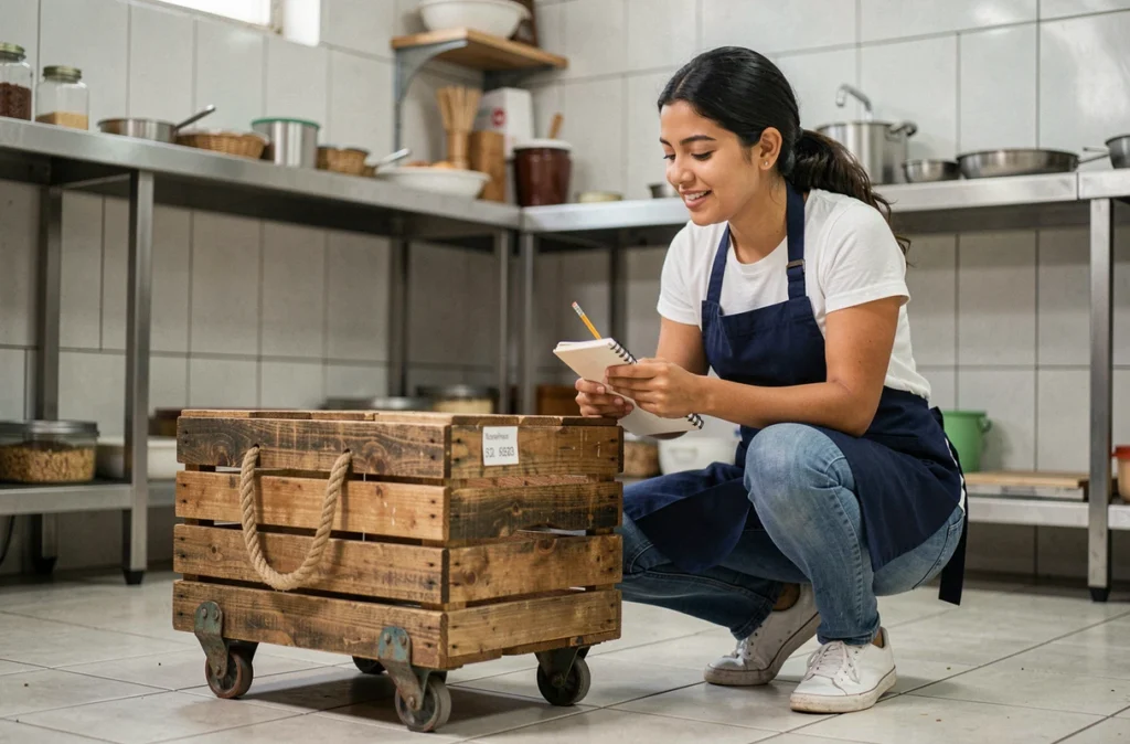 Femme artisane inspectant une solution de rangement mobile fabriquée avec des matériaux récupérés, incarnant l'esprit jugaad dans un contexte professionnel quotidien