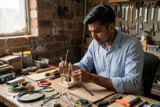 Homme ingénieux assemblant un prototype artisanal avec des matériaux recyclés dans un atelier urbain, illustrant l'approche jugaad au travail