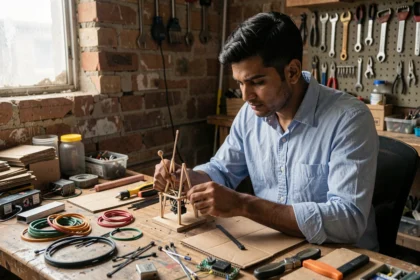 Homme ingénieux assemblant un prototype artisanal avec des matériaux recyclés dans un atelier urbain, illustrant l'approche jugaad au travail