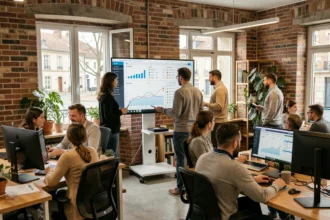 Vue d'ensemble d'une agence SEO moderne dans les Deux-Sèvres avec des professionnels travaillant sur des tableaux de bord d'analyse web