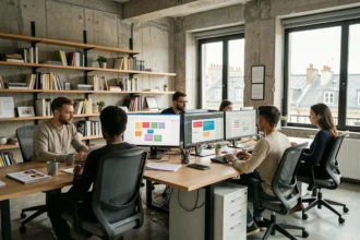 Équipe d'une agence web moderne à Lyon travaillant sur des projets digitaux dans un open-space contemporain