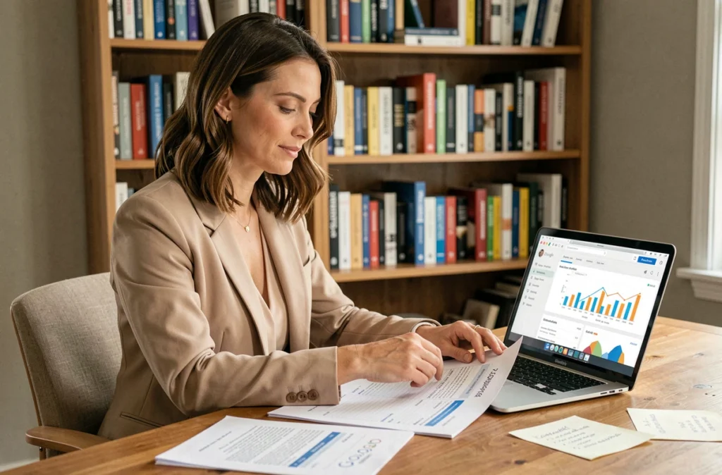 Pauline Montier, consultante SEO, analysant des rapports d'audit et des données analytiques dans son bureau professionnel