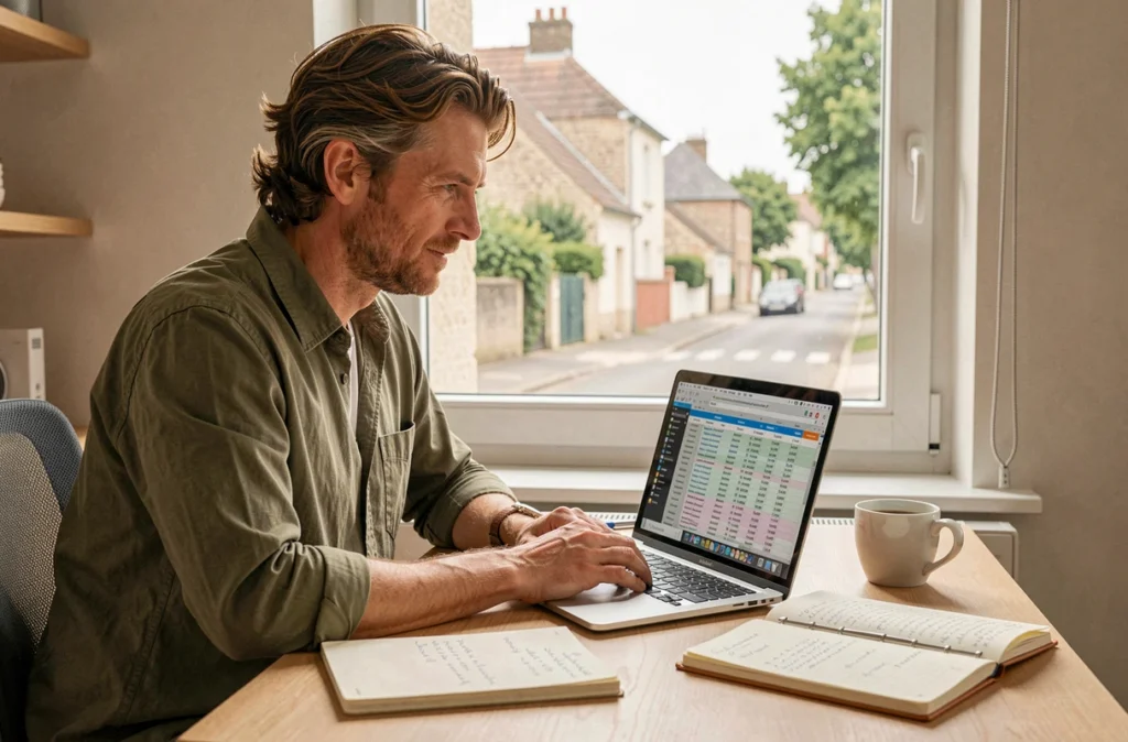 Vincent Hégo, consultant SEO indépendant, travaillant sur une stratégie de mots-clés dans son bureau à domicile épuré