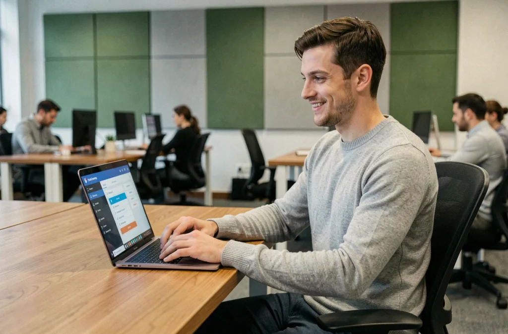 Collaborateur utilisant une application de conciergerie d'entreprise sur ordinateur portable dans un open space moderne