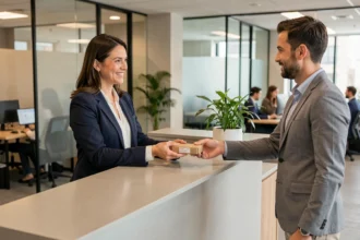 Service de conciergerie d'entreprise avec une collaboratrice remettant un colis à un collègue au bureau moderne