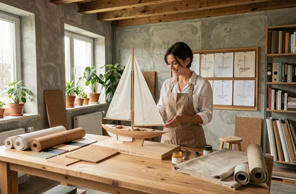 Designer spécialiste en éco-conception présentant une maquette de voilier durable fabriqué à partir de matériaux recyclés et biosourcés dans un atelier de design nautique responsable