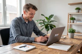 Entrepreneur cherchant un nom d'entreprise à son bureau
