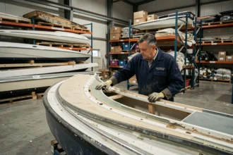 Ingénieur maritime inspectant une coque de bateau en fibre de verre démontée dans un centre de recyclage industriel, illustrant l'économie circulaire dans l'industrie nautique